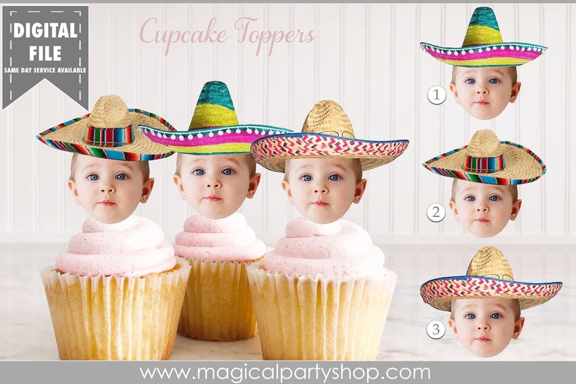 Mexican Fiesta Sombrero Maracas Birthday Cupcake Toppers | Sombrero Picture Cupcake Toppers | Fiesta Birthday Decorations | Digital File