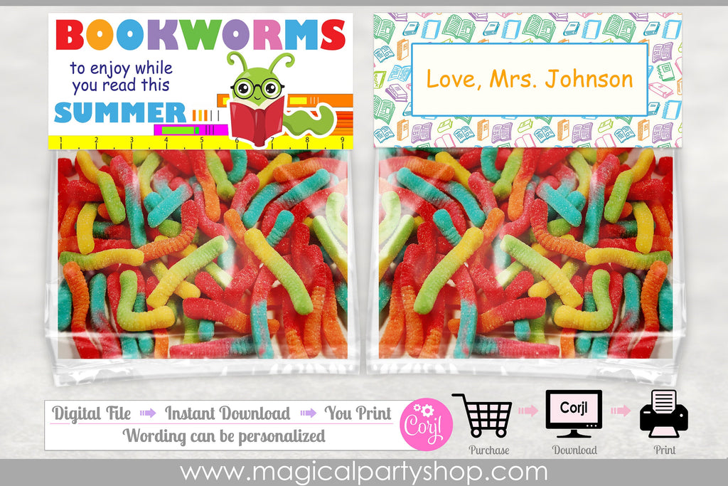 Bookworm Candy Toppers | School Treat Bags | Back to School Treats | School Party Favor Tags | Reading Bag Topper | Instant Download